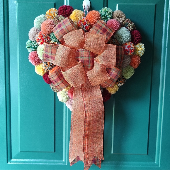 Handmade Boho Fall Colors Heart Pom Pom Door / Wall Wreath - Picture 1 of 6